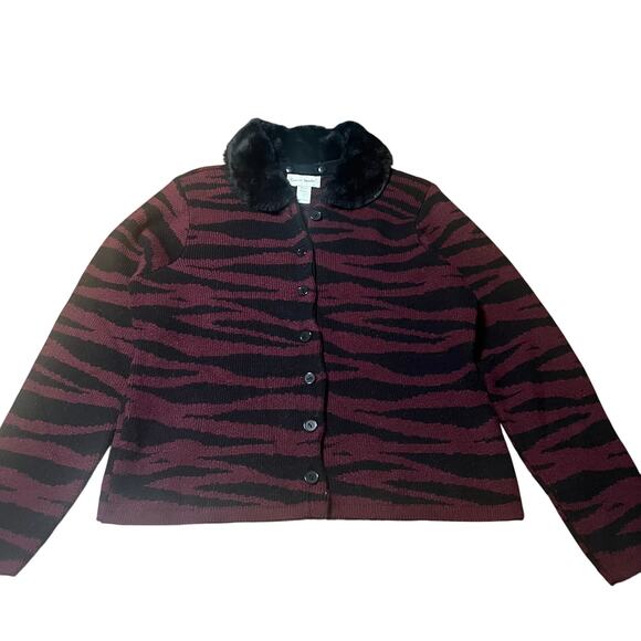 Vintage Graver Studio Maroon Zebra Sweater with Faux Fur Size Large - Picture 1 of 6